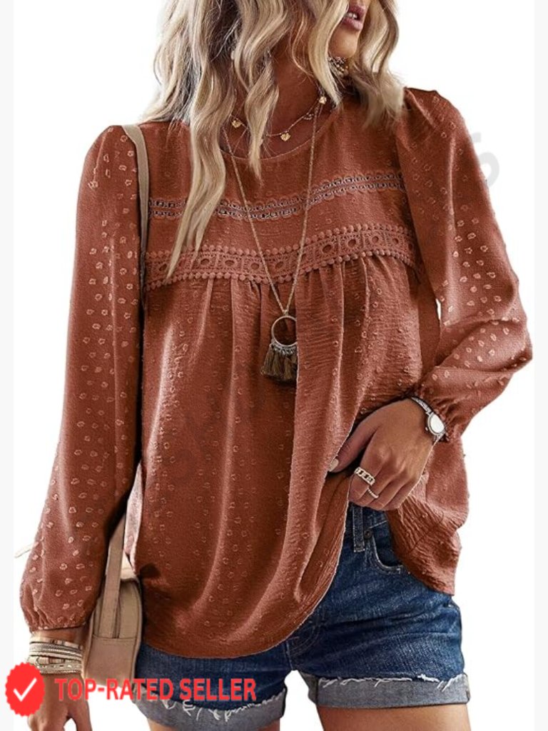 Boho Crewneck Blouse Long Sleeve Crochet Lace Hem Flowy Peasant Top